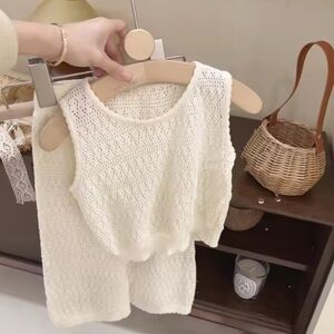 Cream Knit Sleeveless Top and Shorts Set